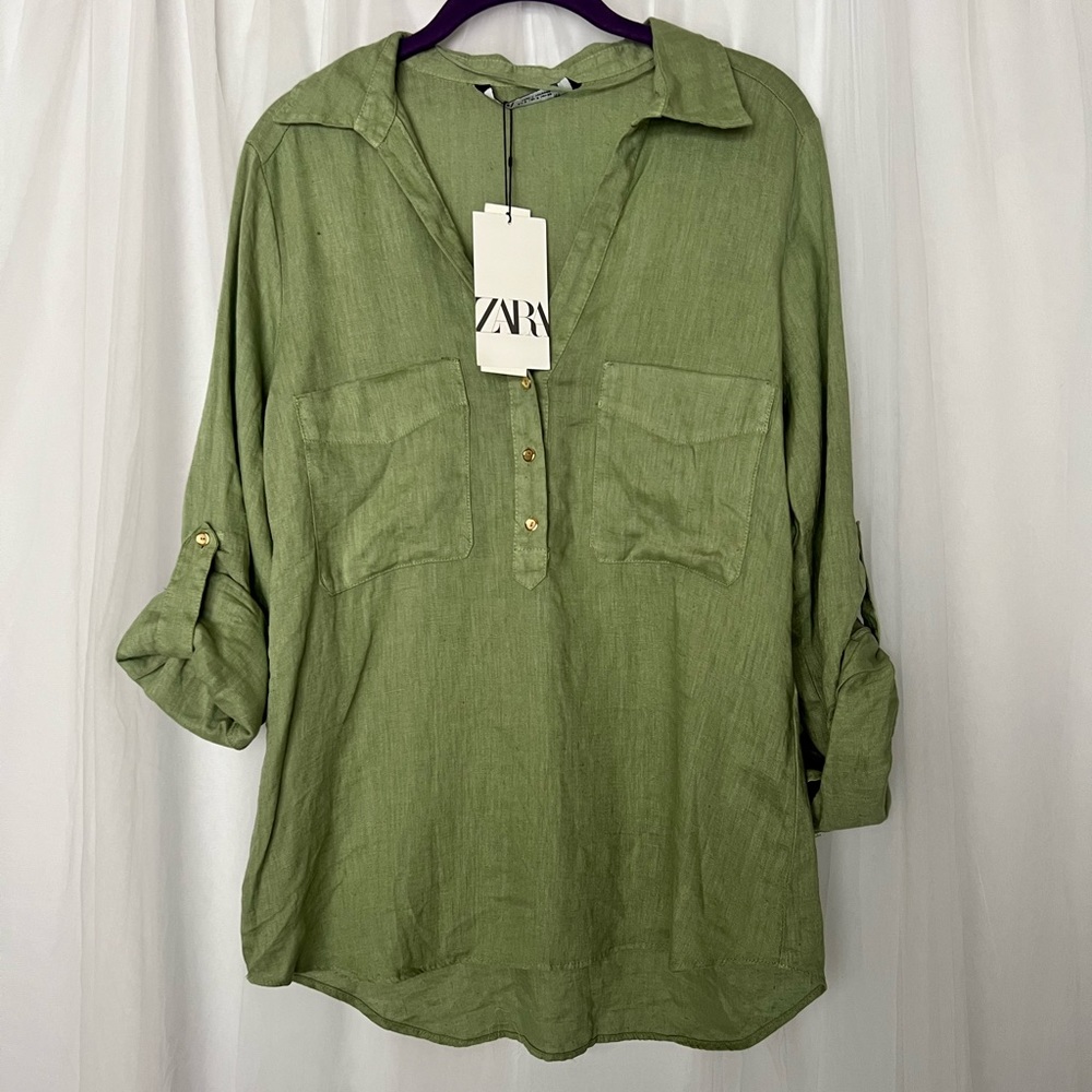 ⭐️ZARA - NEW WITH TAGS ⭐️ Olive Green Linen Top | Size Small